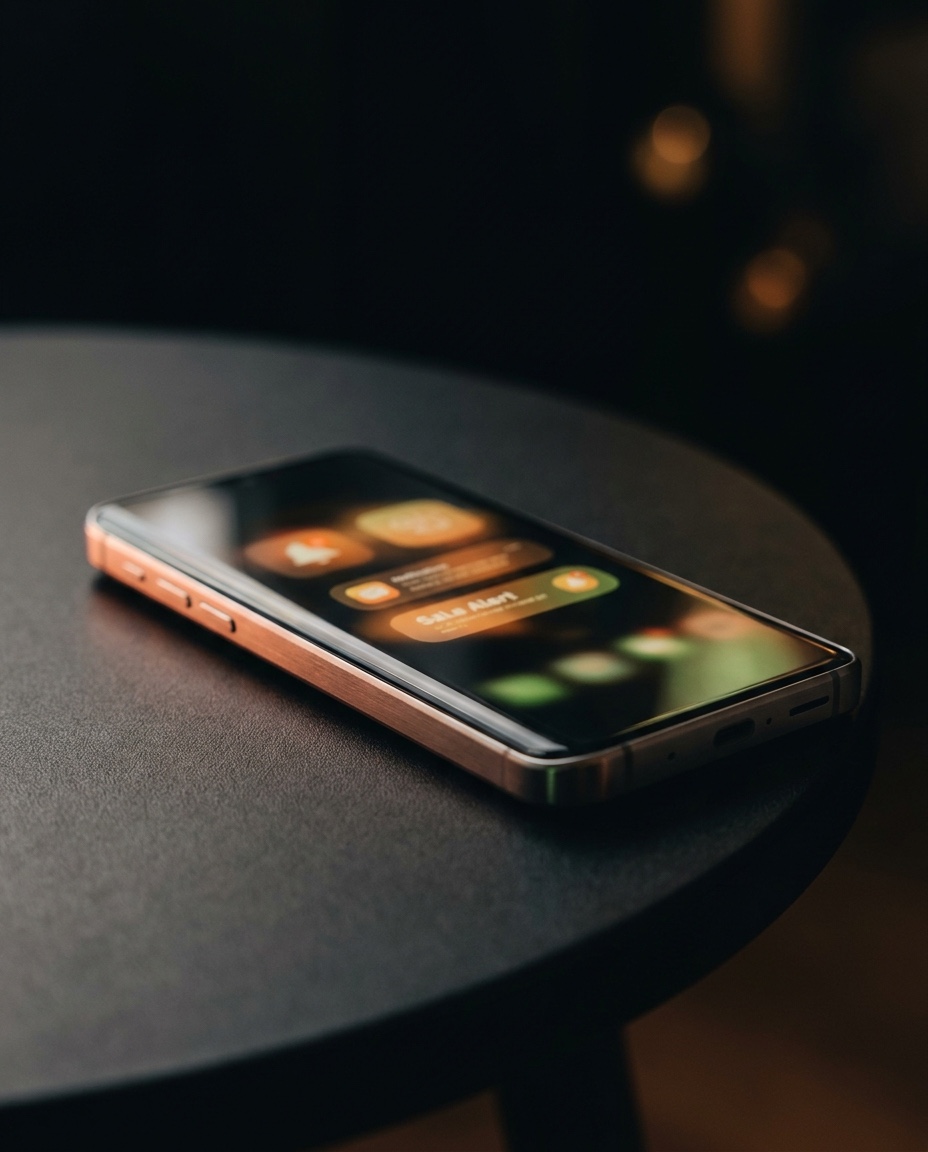 Smartphone premium sur surface sombre, écran illuminé de notifications de ventes et de commandes, reflets lime et terracotta