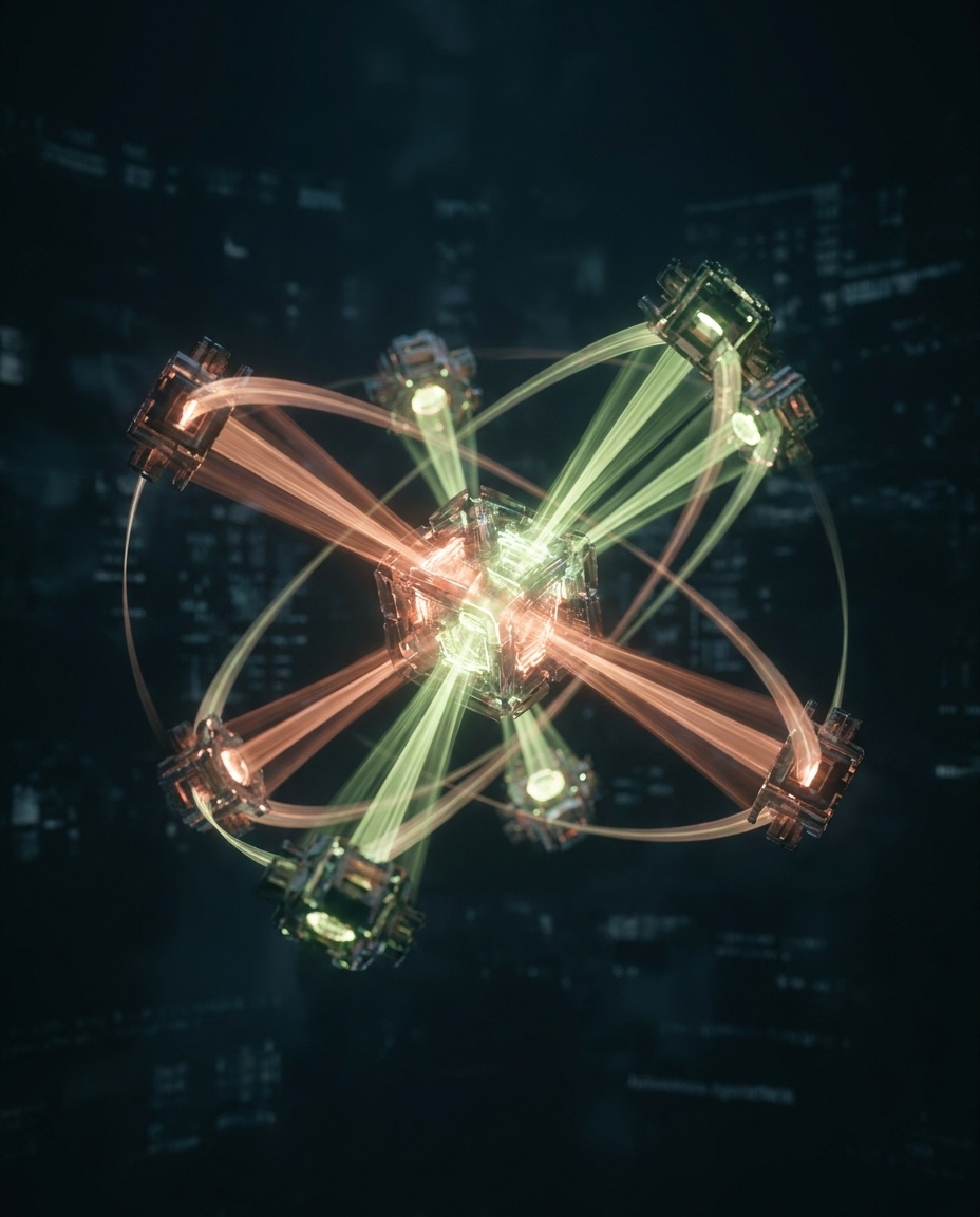 Centre de commande IA : un cœur central relié à plusieurs agents autonomes, lumière lime et terracotta