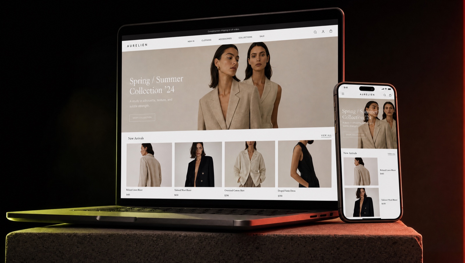 Boutique e-commerce premium montée par le système, vue ordinateur et mobile